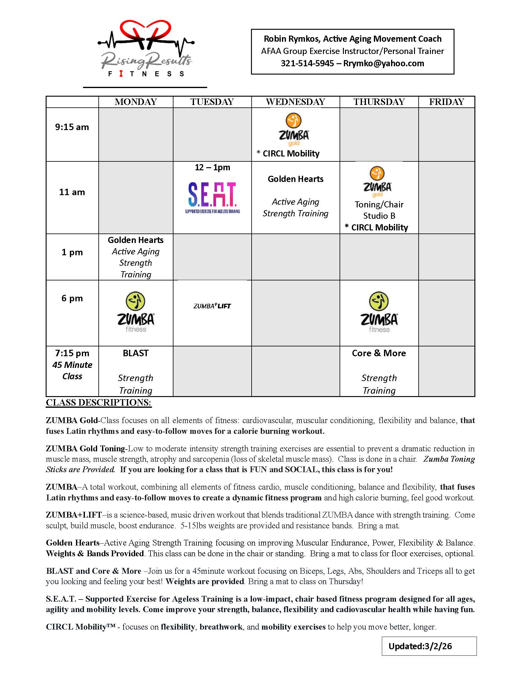 March 2026 Class Schedule